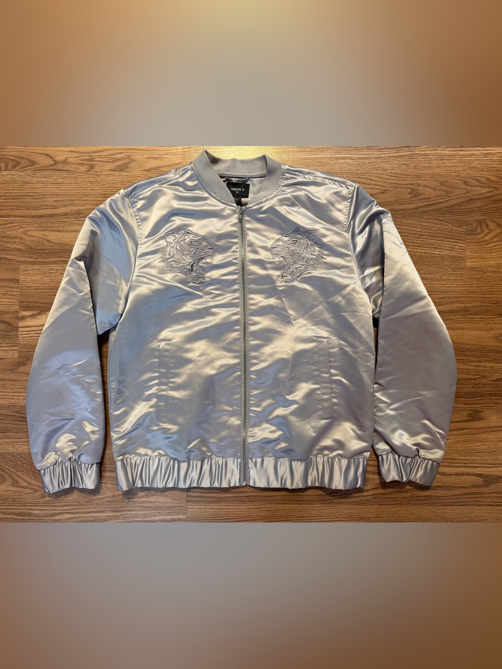 Forever 21 Silver Bomber Jacket with Embroidered Tigers READ DESCRIPTION